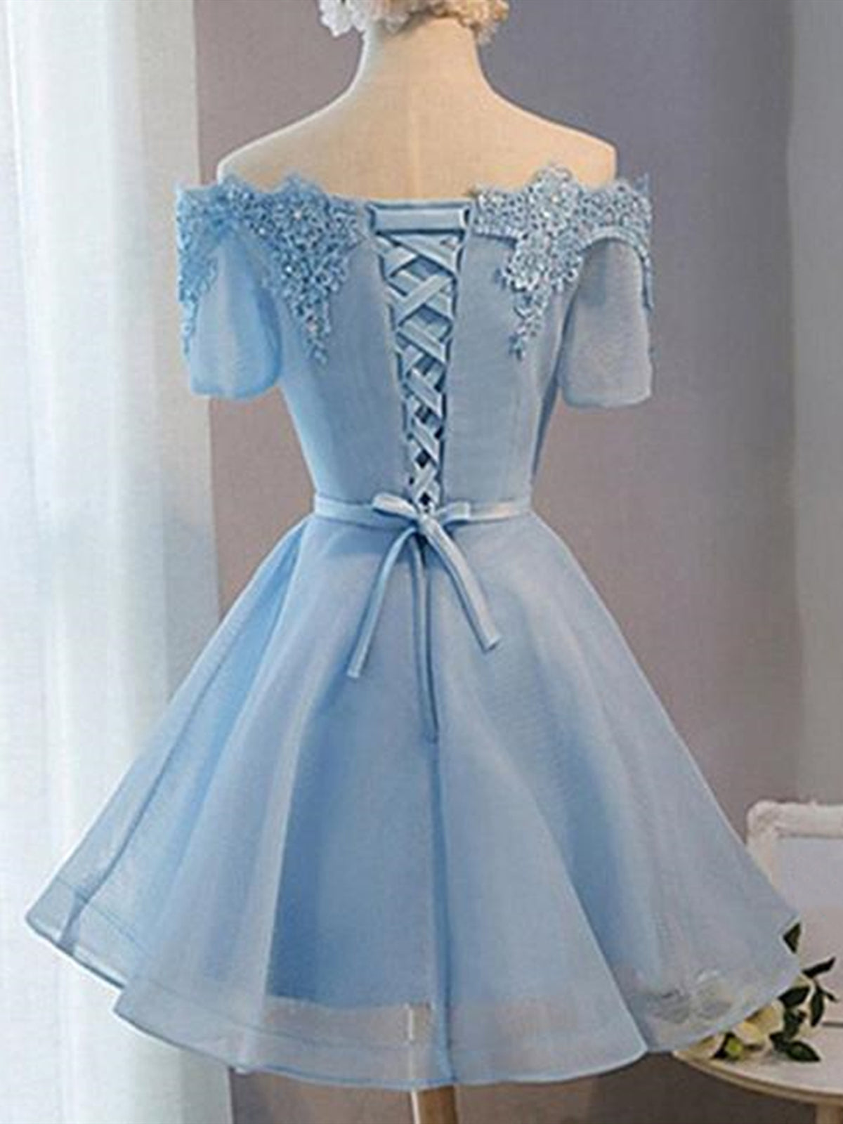 Short Sleeves Short Blue Prom Dresses with Lace-up, Short Blue Homecom - shegown Short Sleeves Short Blue Prom Dresses with Lace-up, Short Blue Homecom - shegown