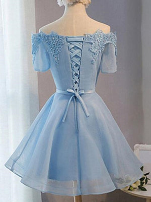 Short Sleeves Short Blue Prom Dresses with Lace-up, Short Blue Homecoming Graduation Dresses