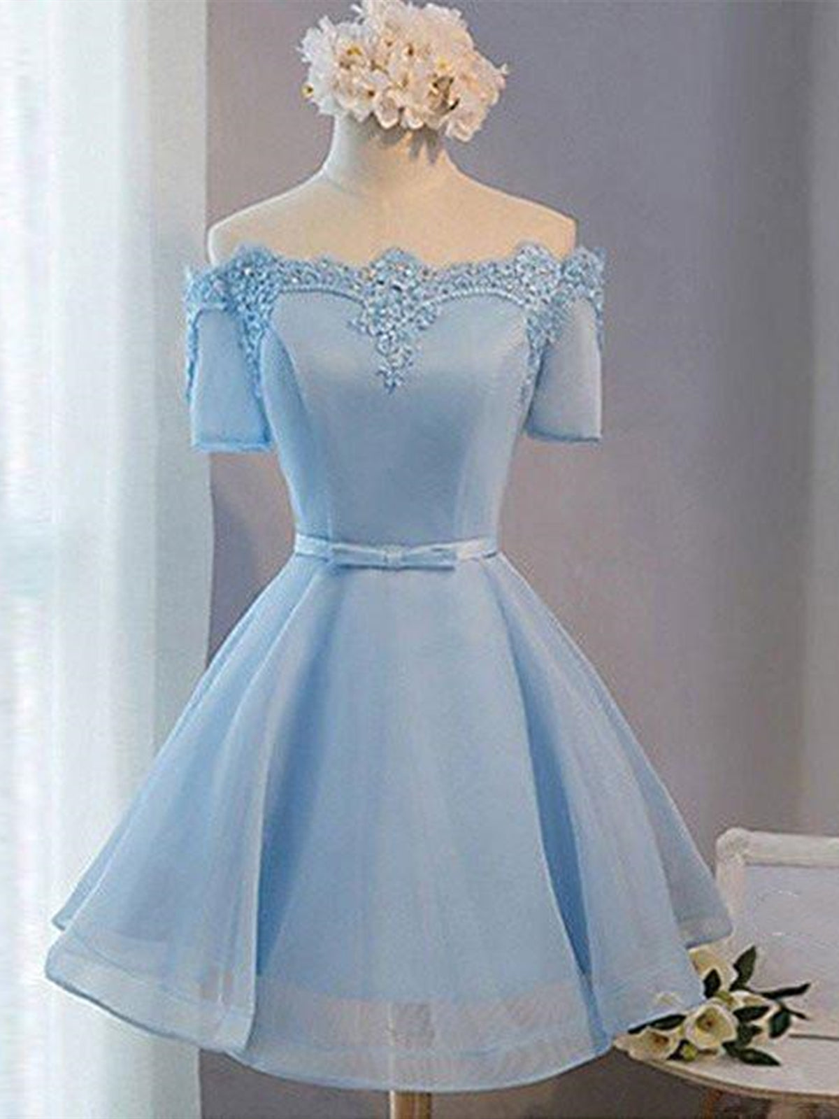 Short Sleeves Short Blue Prom Dresses with Lace-up, Short Blue Homecom - shegown Short Sleeves Short Blue Prom Dresses with Lace-up, Short Blue Homecom - shegown