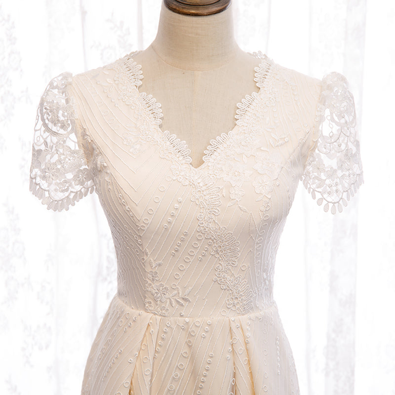 short champagne wedding dresses Short Emma Dress-vintage Lace and Tulle Champagne/white Fall Wedding Dress