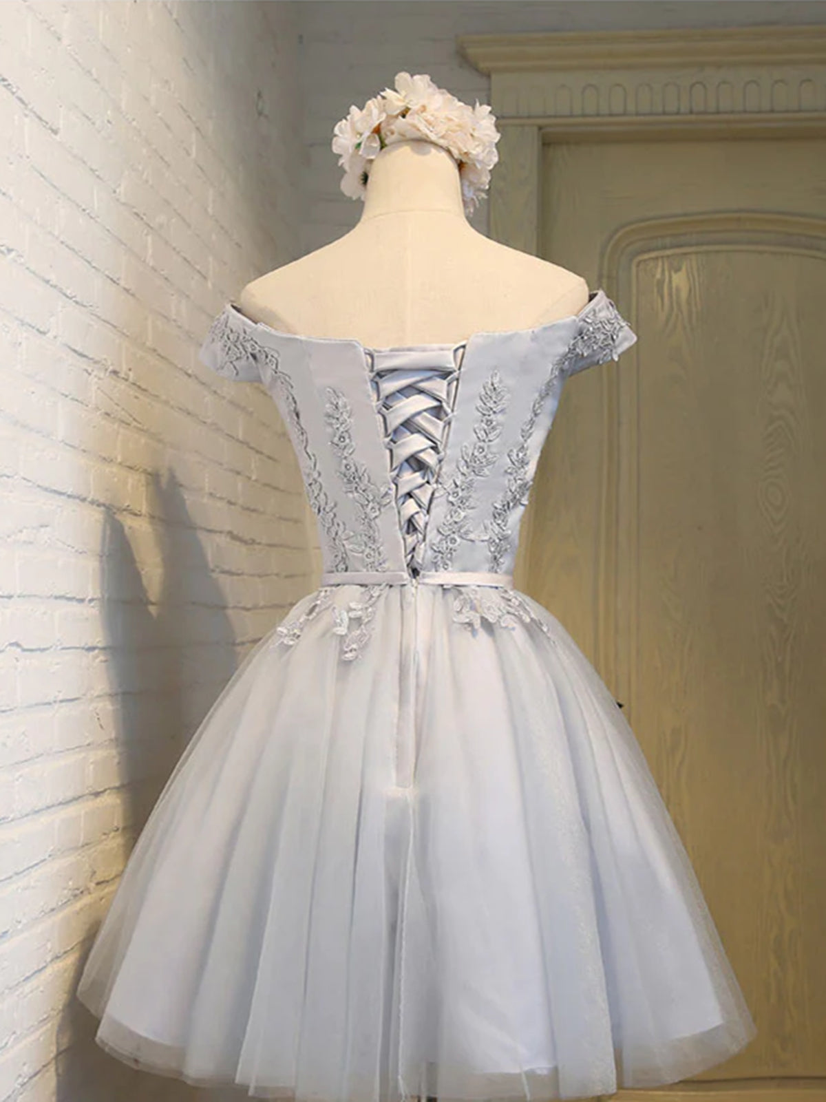 Short Sleeves Silver Gray Lace Prom Dresses, Lace Graduation Homecomin - shegown Short Sleeves Silver Gray Lace Prom Dresses, Lace Graduation Homecomin - shegown