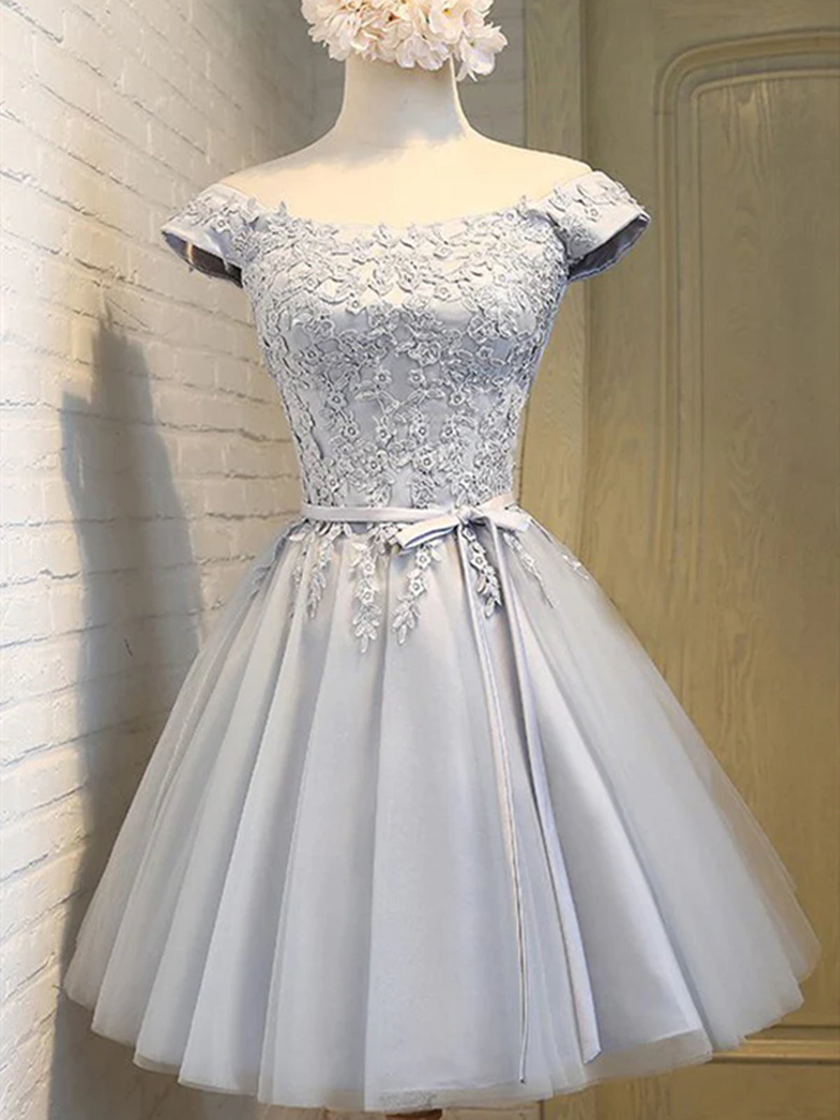 Short Sleeves Silver Gray Lace Prom Dresses, Lace Graduation Homecomin - shegown Short Sleeves Silver Gray Lace Prom Dresses, Lace Graduation Homecomin - shegown