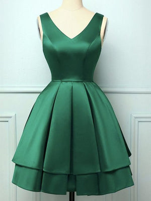 Short V Neck Dark Green Prom Dresses, Short V Neck Dark Green Formal Homecoming Dresses