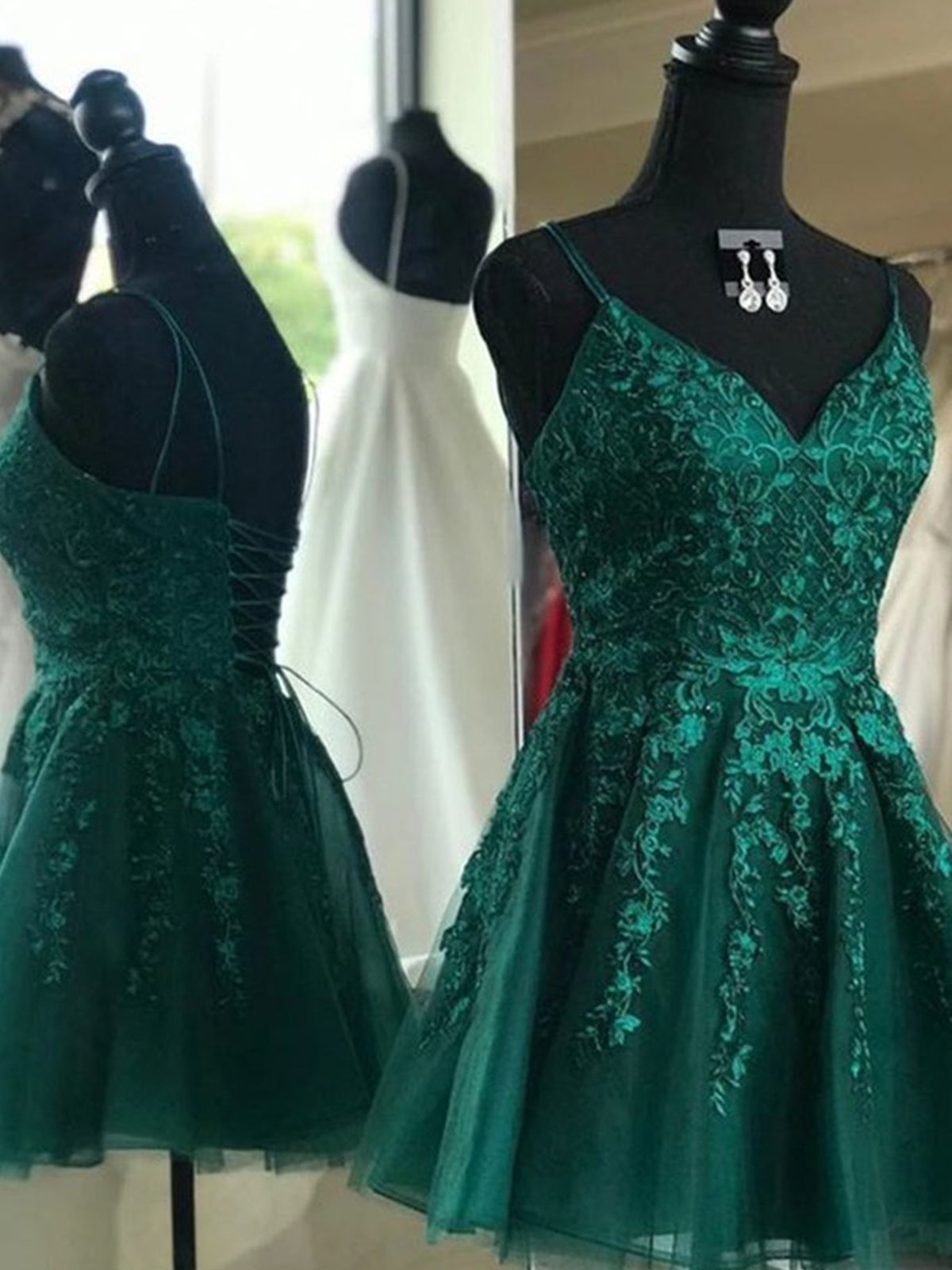 Short V Neck Green Lace Prom Dresses, Backless Short V Neck Green Lace - shegown Short V Neck Green Lace Prom Dresses, Backless Short V Neck Green Lace - shegown