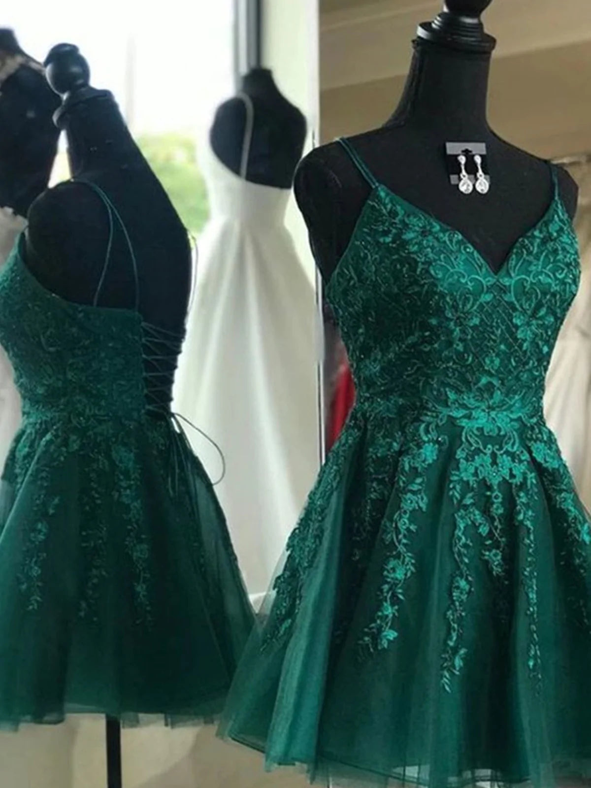 Dark green sales short prom dress