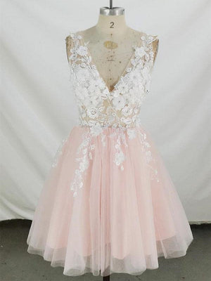 Short V Neck Pink Lace Prom Dresses, Short Pink Lace Homecoming Graduation Dresses