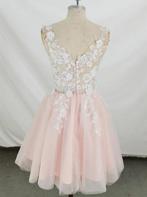 Short V Neck Pink Lace Prom Dresses, Short Pink Lace Homecoming Graduation Dresses