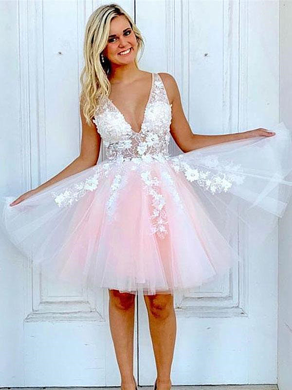 Short V Neck Pink Lace Prom Dresses, Short Pink Lace Homecoming Graduation Dresses, US 2 / Custom Color / No Rush
