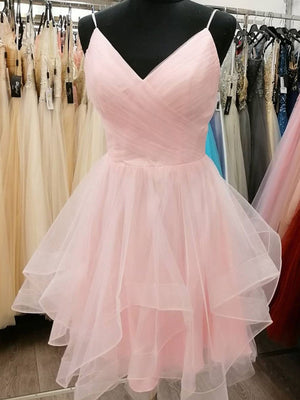 Short V Neck Pink Prom Dresses, Short Pink V Neck Graduation Homecoming Dresses