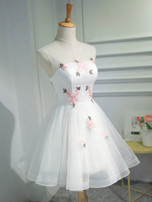 Short White Floral Prom Dresses, Short White Floral Formal Homecoming Dresses