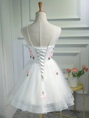 Short White Floral Prom Dresses, Short White Floral Formal Homecoming Dresses