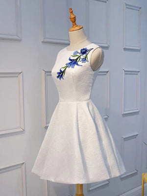 Short White Lace Floral Prom Dresses, Short White Lace Floral Formal Homecoming Dresses