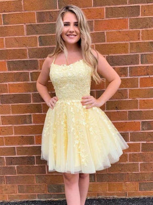Short Yellow Lace Prom Dresses, Short Yellow Lace Formal Homecoming Dresses