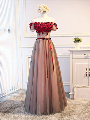 Short Sleeves Burgundy Floral Long Prom Dresses, Burgundy Floral Formal Bridesmaid Dresses