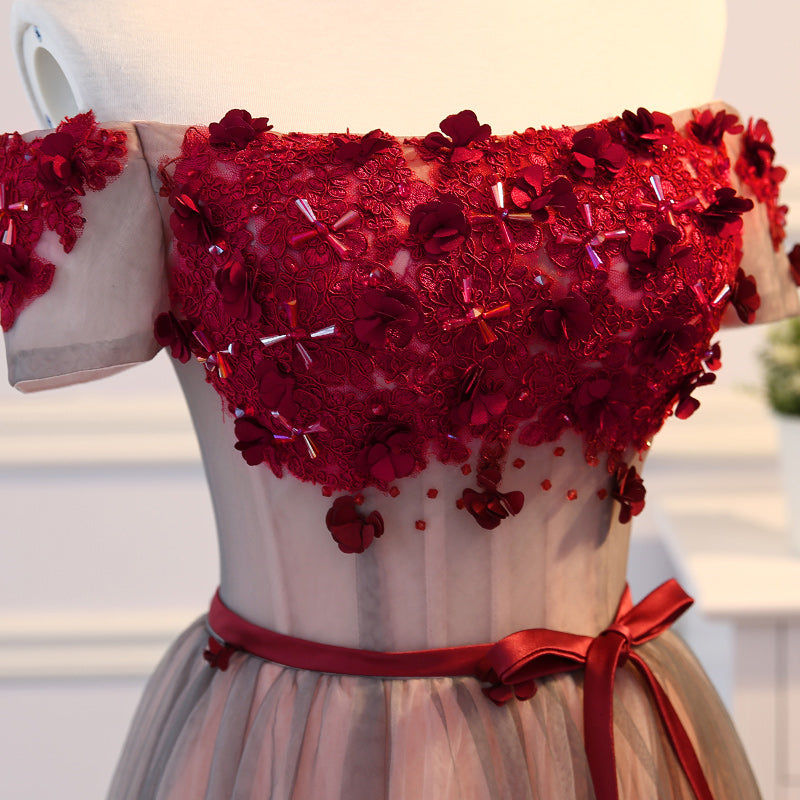 Short Sleeves Burgundy Floral Long Prom Dresses, Burgundy Floral Forma - shegown Short Sleeves Burgundy Floral Long Prom Dresses, Burgundy Floral Forma - shegown
