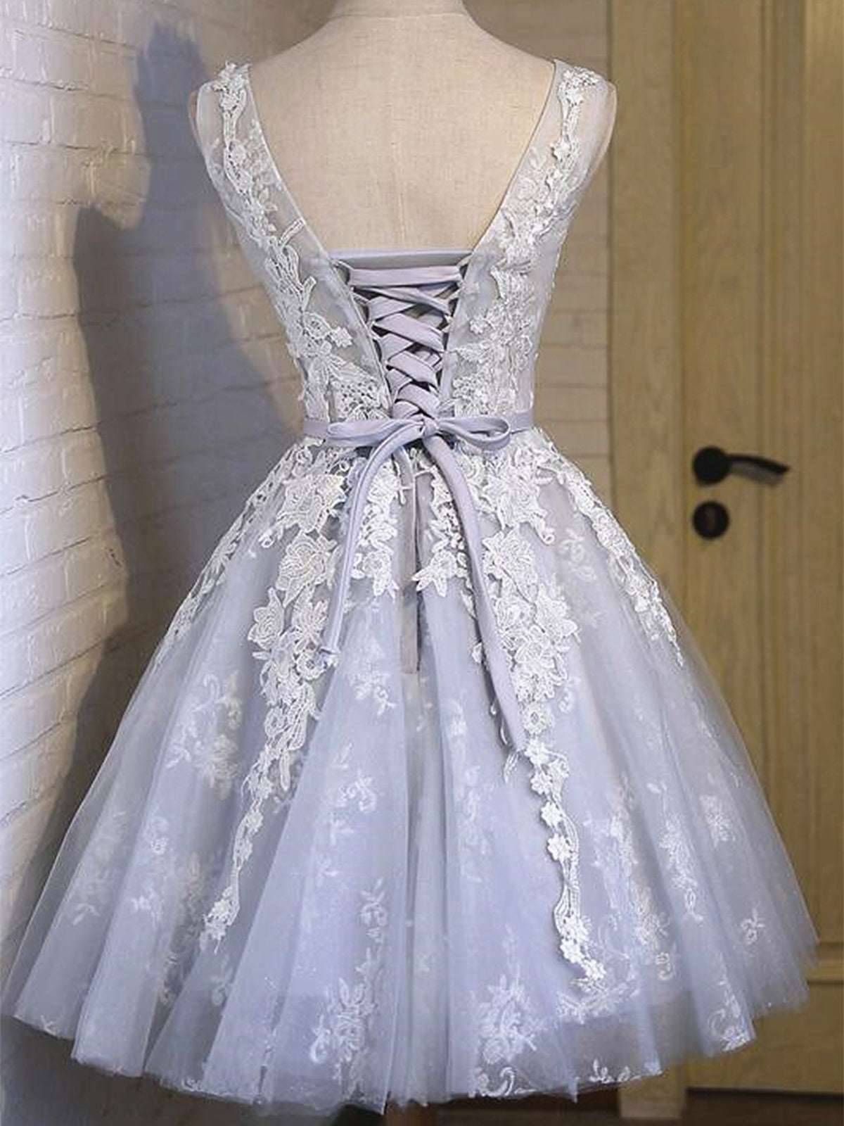 Silver Gray Short Lace Prom Dresses, Grey Short Lace Formal Homecoming - shegown Silver Gray Short Lace Prom Dresses, Grey Short Lace Formal Homecoming - shegown