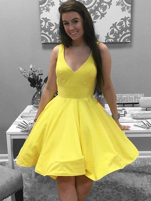Simple Short V Neck Yellow Red Satin Prom Dresses, Short Red Yellow Formal Homecoming Dresses