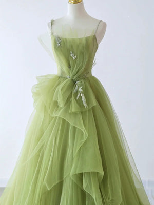 Spaghetti Straps Green Tulle Long Prom Dresses, Green Tulle Long Formal Evening Dresses