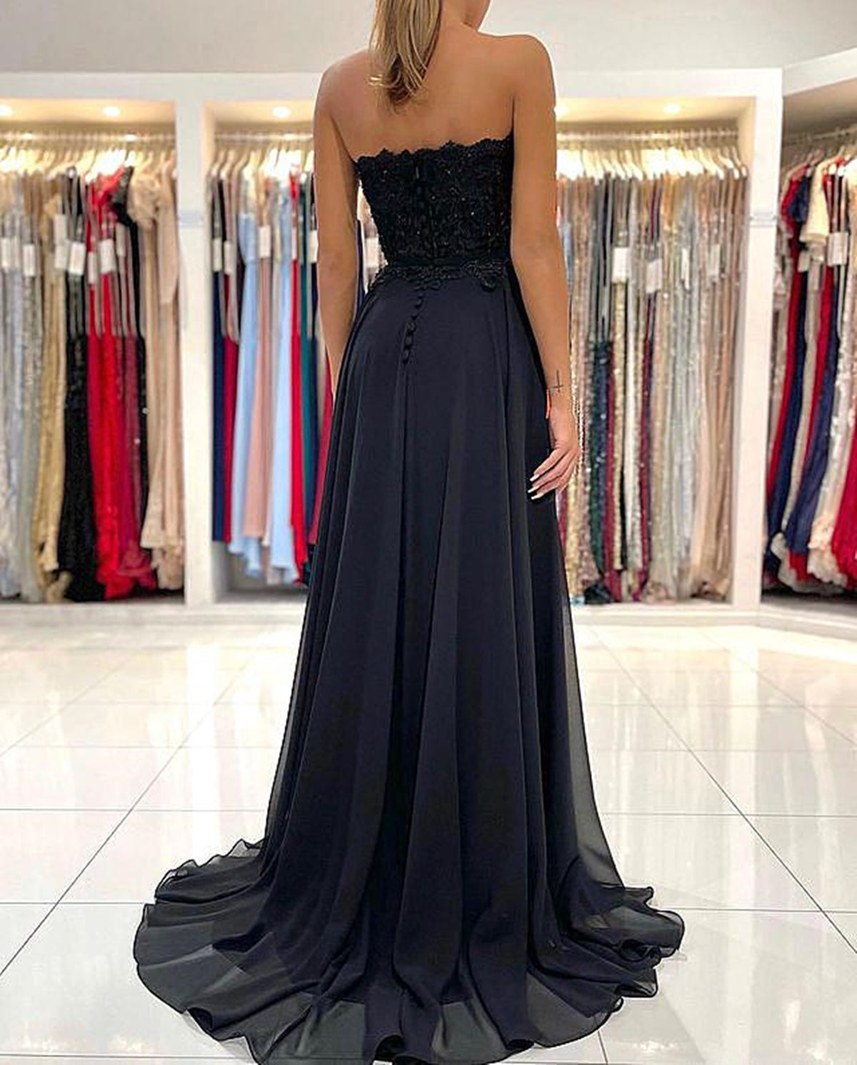 Strapless Black Lace Prom Dresses, Black Lace Formal Evening Dresses, US 6 / Custom Color / With Rush+$19.99 Strapless Black Lace Prom Dresses, Black Lace Formal Evening Dresses, US 6 / Custom Color / With Rush+$19.99