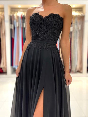 Strapless Black Lace Prom Dresses, Black Lace Formal Evening Dresses