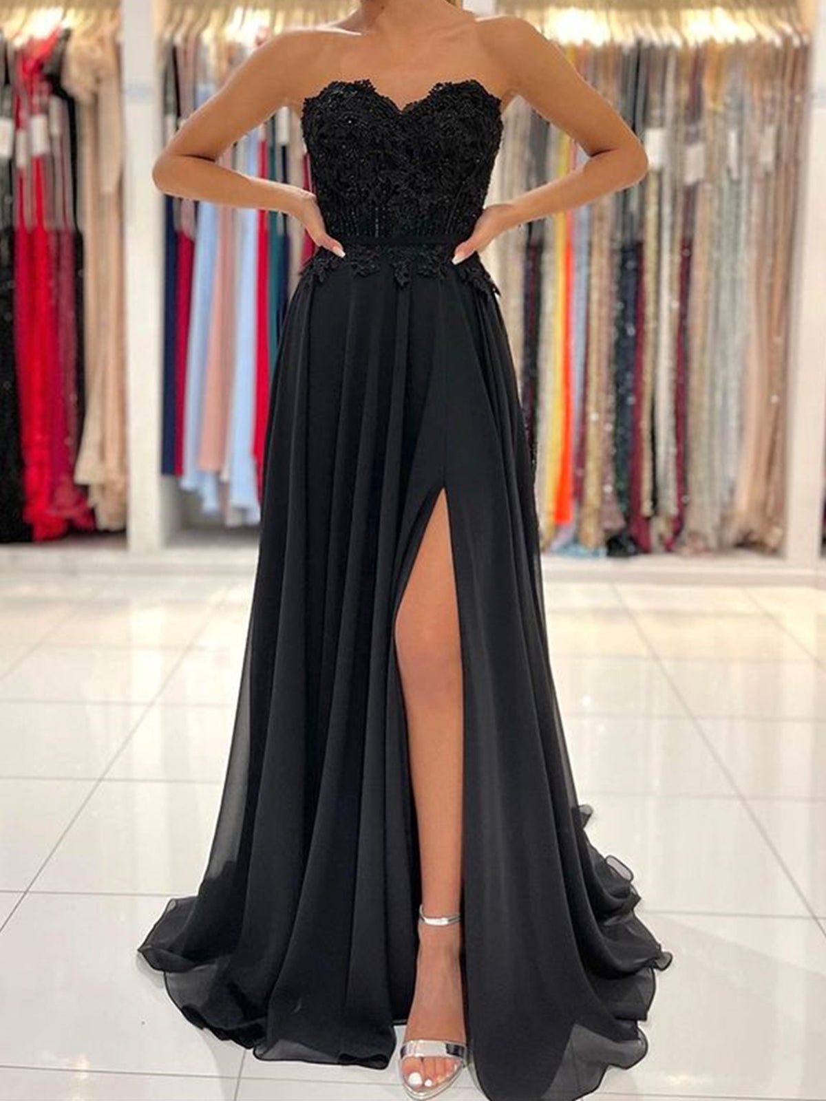 Black Long Sleeves V Neck Lace Prom Dress with Slit, Long Sleeves Blac –  abcprom