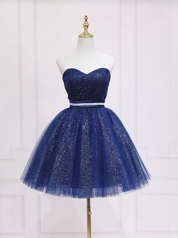 Strapless Dark Blue Short Prom Dresses, Short Dark Blue Graduation Hom