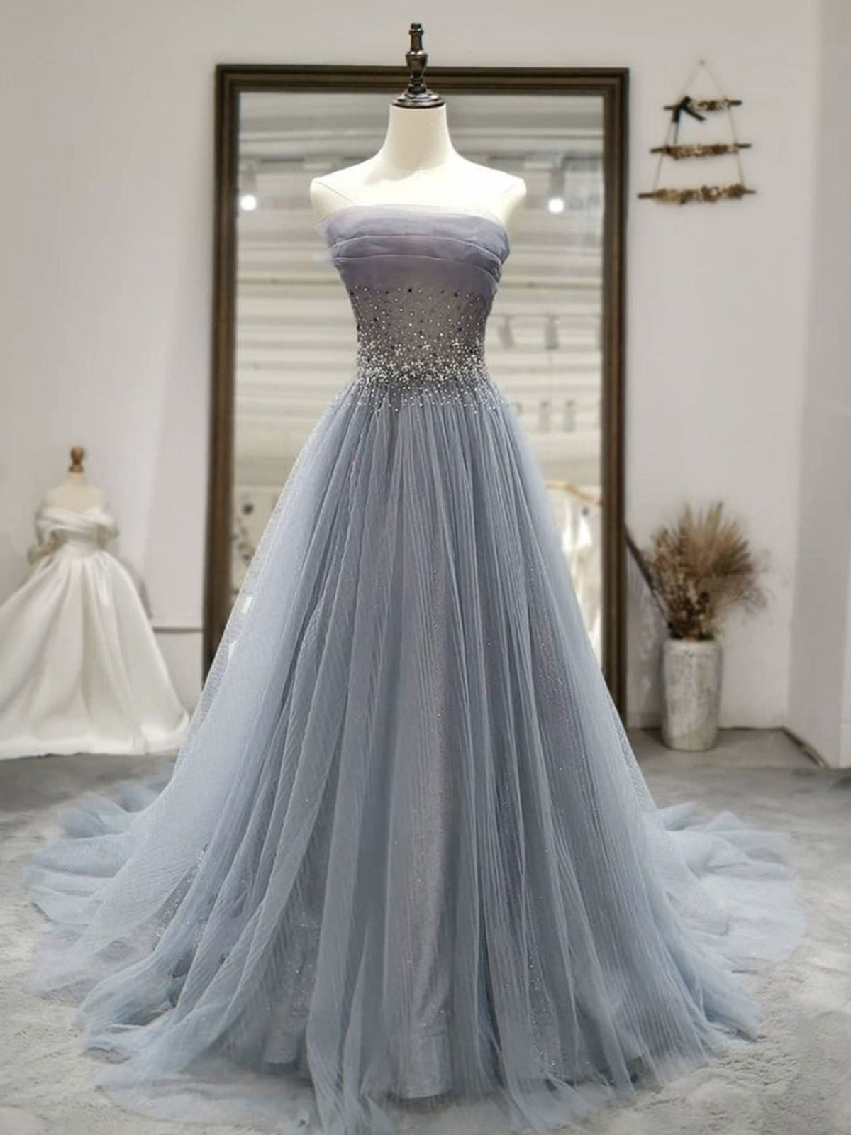 Strapless Silver Grey Prom Dresses Ball Gown Lace Sweet 16 Dress FD117 –  Viniodress