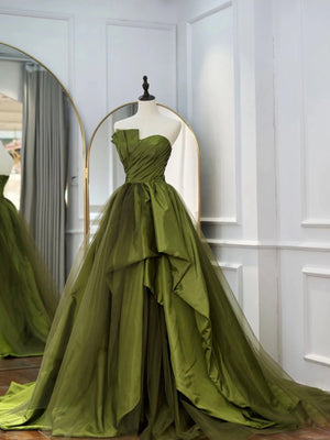 Strapless Green High Low Prom Dresses, High Low Green Long Formal Evening Dresses