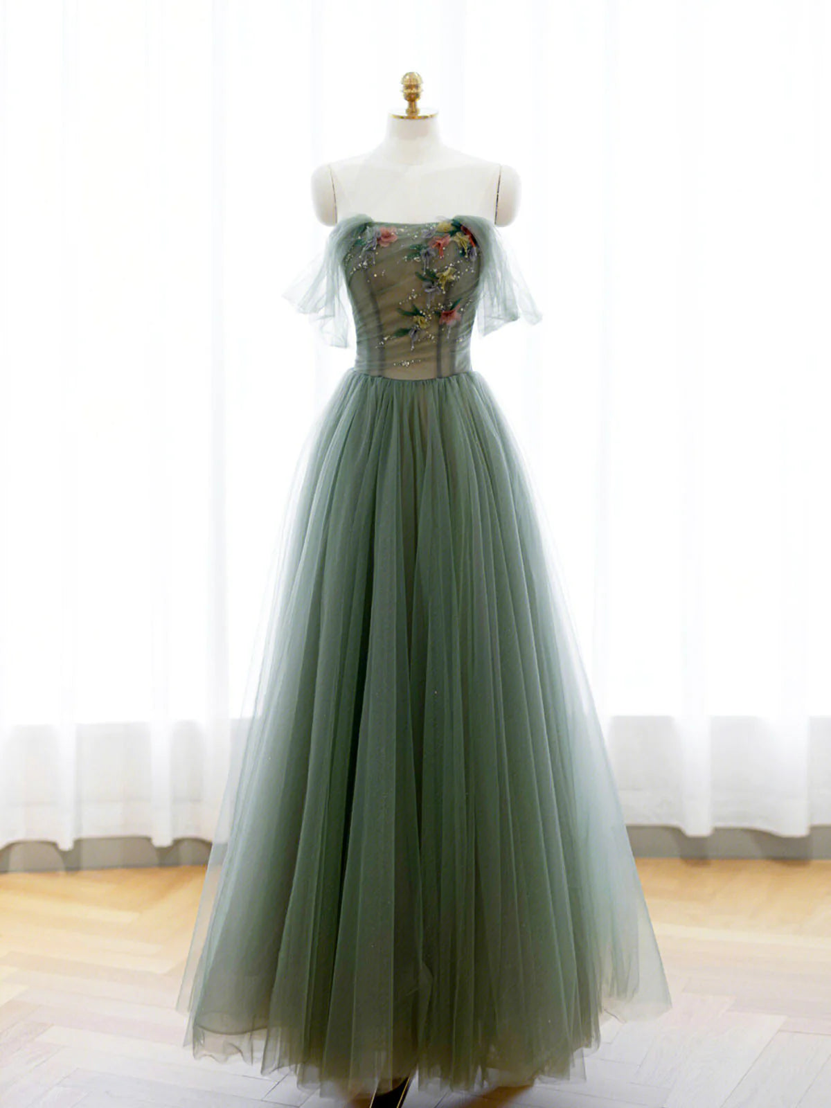 Strapless Green Tulle Floral Long Prom Dresses, Green Tulle Floral For - shegown Strapless Green Tulle Floral Long Prom Dresses, Green Tulle Floral For - shegown