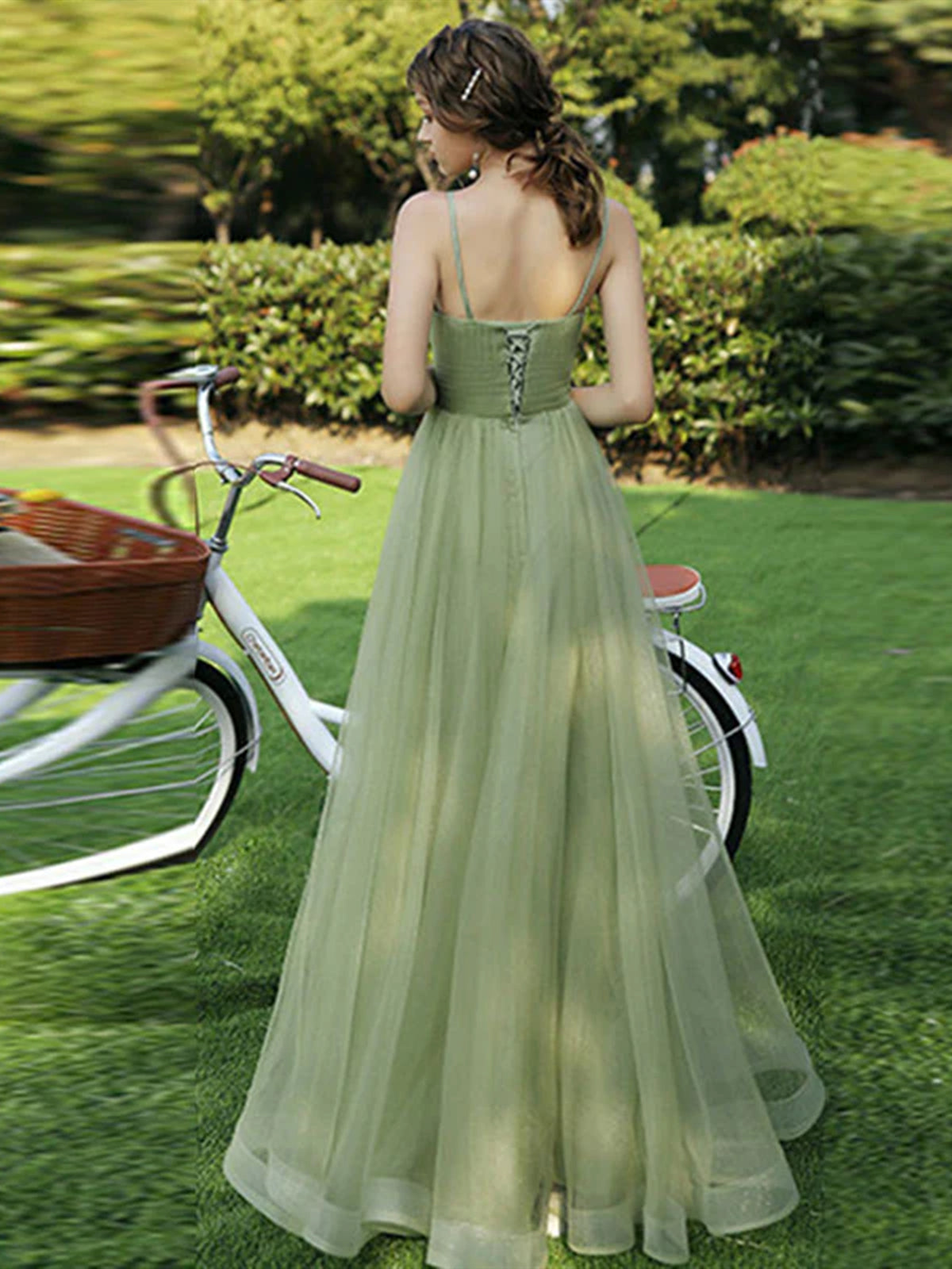 Green Tulle Long A-Line Prom Dress, Green Spaghetti Strap Evening Dress US 4 / Green