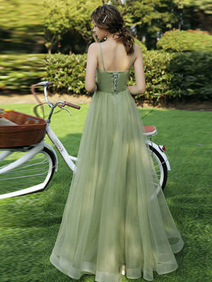 Strapless Green Tulle Long Prom Dresses, Green Tulle Long Formal Evening Dresses