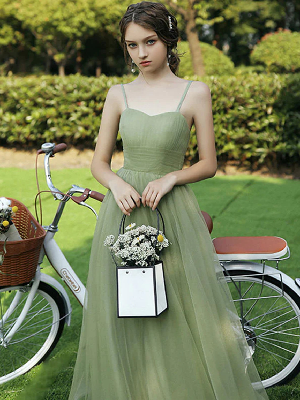 Strapless Green Tulle Long Prom Dresses, Green Tulle Long Formal Evening Dresses