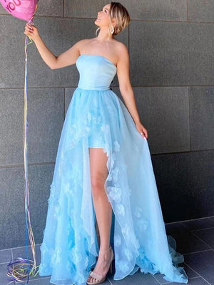 Strapless High Low Light Blue Floral Long Prom Dresses, Long 3D Flowers Light Blue Formal Evening Dresses