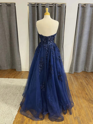 Strapless Navy Blue Beaded Lace Prom Dresses, Navy Blue Lace Formal Evening Dresses