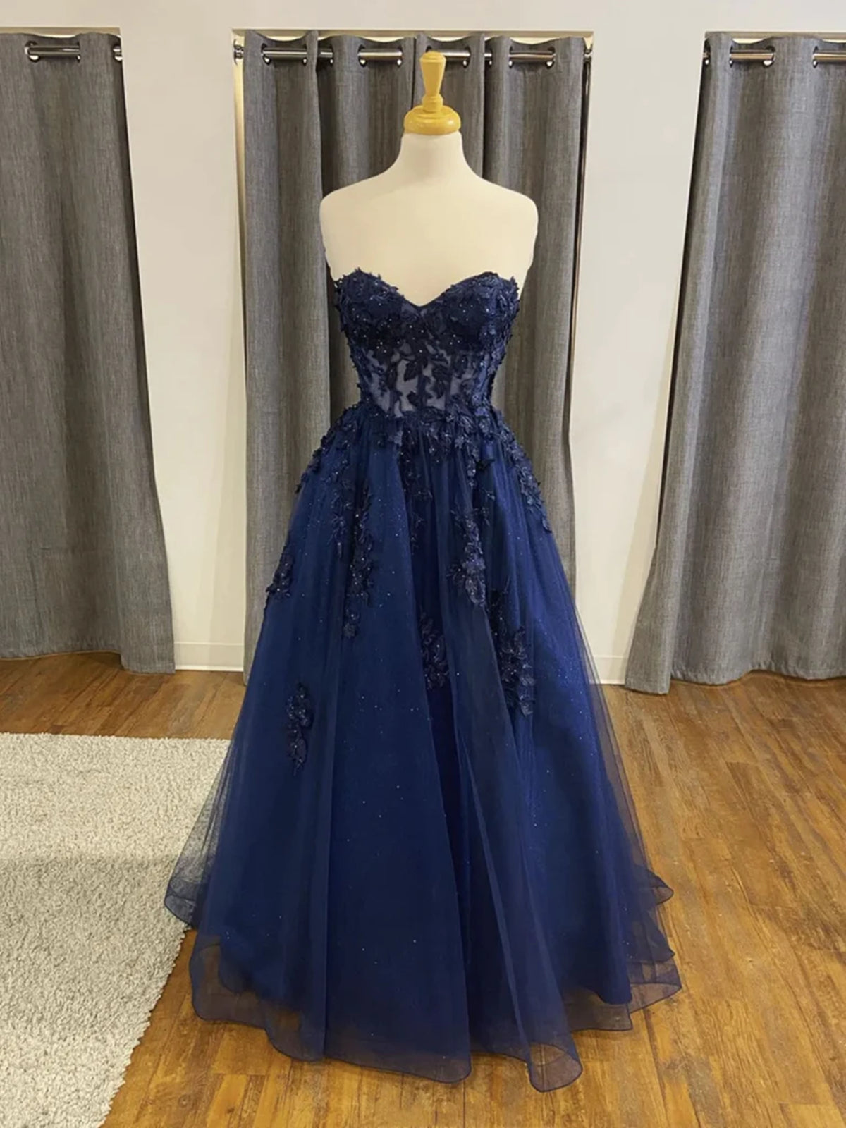 Strapless Navy Blue Beaded Lace Prom Dresses, Navy Blue Lace Formal Ev - shegown Strapless Navy Blue Beaded Lace Prom Dresses, Navy Blue Lace Formal Ev - shegown