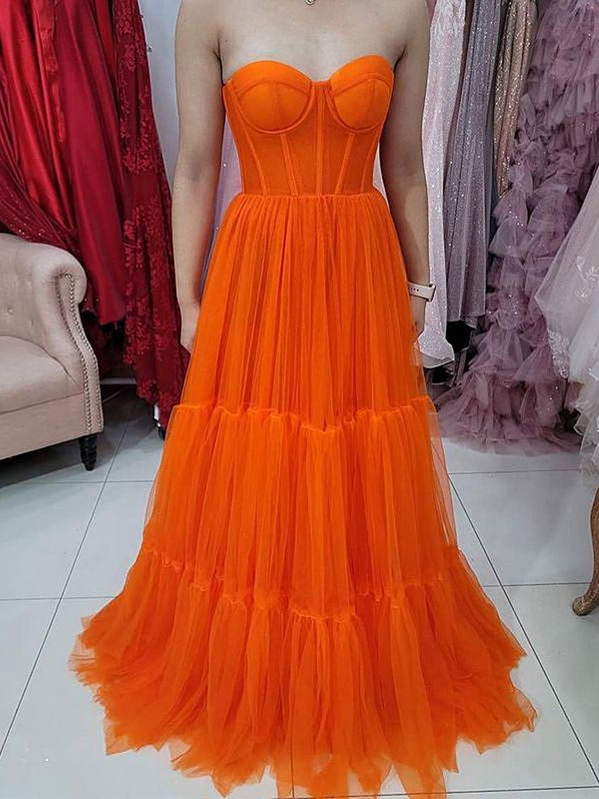 orange strapless prom dress A-line Luxury Orange Satin Prom Gown Floor Length Strapless Pleated Formal Quinceanera Dress