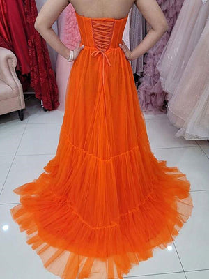 Strapless Orange Tulle Long Prom Dresses, Strapless Long Orange Formal Graduation Dresses