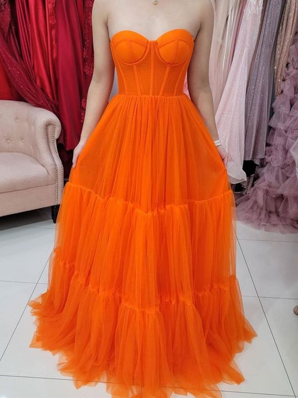 Strapless Orange Tulle Long Prom Dresses, Strapless Long Orange Formal - shegown Strapless Orange Tulle Long Prom Dresses, Strapless Long Orange Formal - shegown