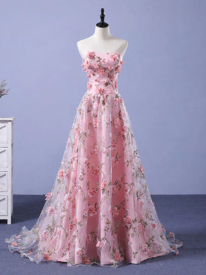 Strapless Pink 3D Floral Long Prom Dresses, Pink 3D Floral Long Formal Evening Dresses