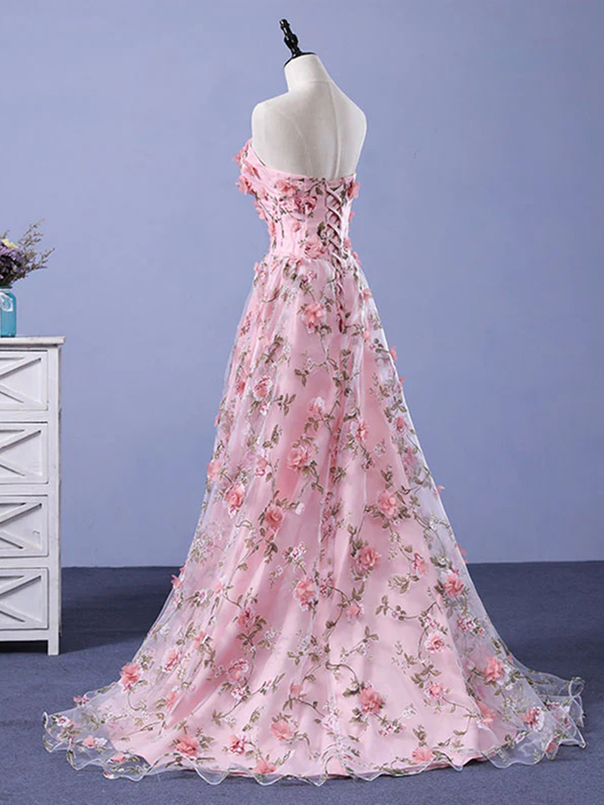 Strapless Pink 3D Floral Long Prom Dresses, Pink 3D Floral Long Formal - shegown Strapless Pink 3D Floral Long Prom Dresses, Pink 3D Floral Long Formal - shegown