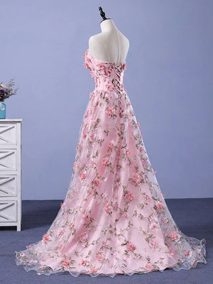 Strapless Pink 3D Floral Long Prom Dresses, Pink 3D Floral Long Formal Evening Dresses