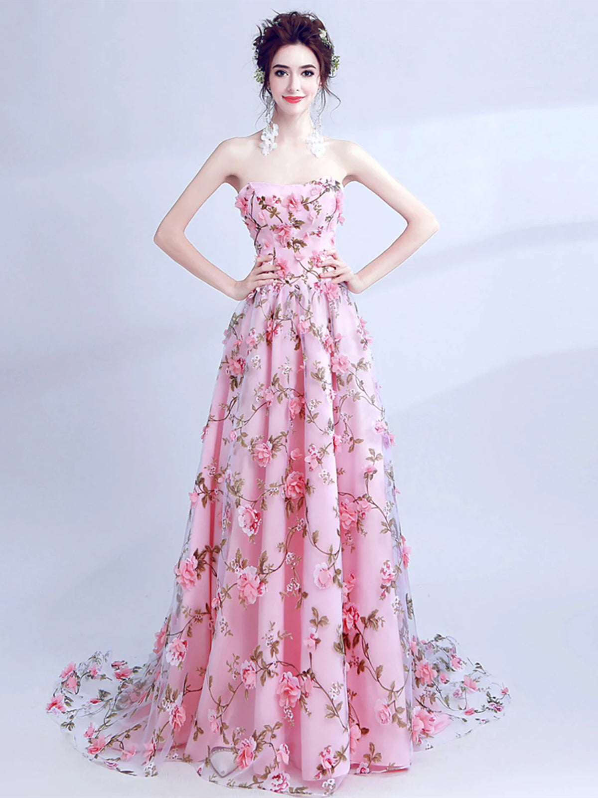 Strapless Pink 3D Floral Long Prom Dresses, Pink 3D Floral Long Formal - shegown Strapless Pink 3D Floral Long Prom Dresses, Pink 3D Floral Long Formal - shegown
