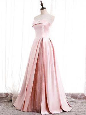 Strapless Pink Satin Prom Dresses, Pink Satin Long Formal Evening Dresses