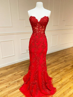 Strapless Red Lace Mermaid Long Prom Dresses, Red Mermaid Long Lace Formal Evening Dresses