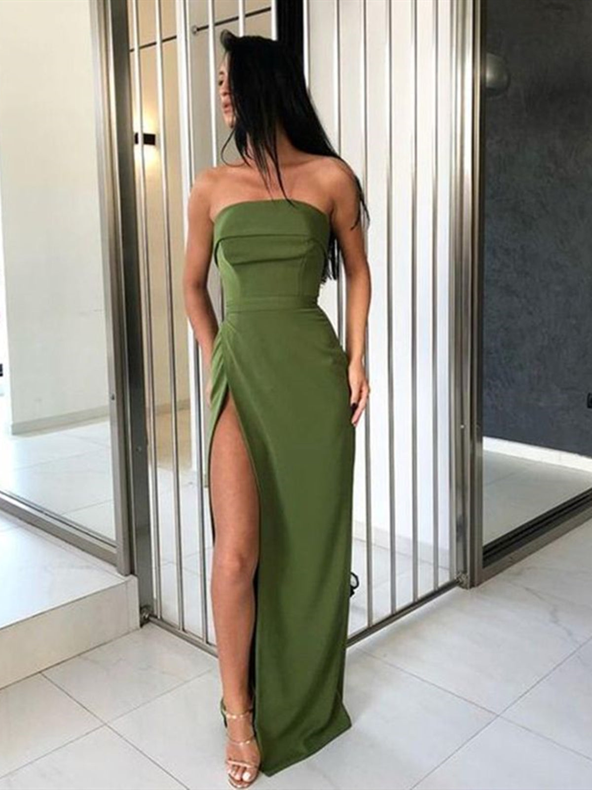 Strapless Sheath Column Green Prom Dress, Simple Green Formal Graduati - shegown Strapless Sheath Column Green Prom Dress, Simple Green Formal Graduati - shegown