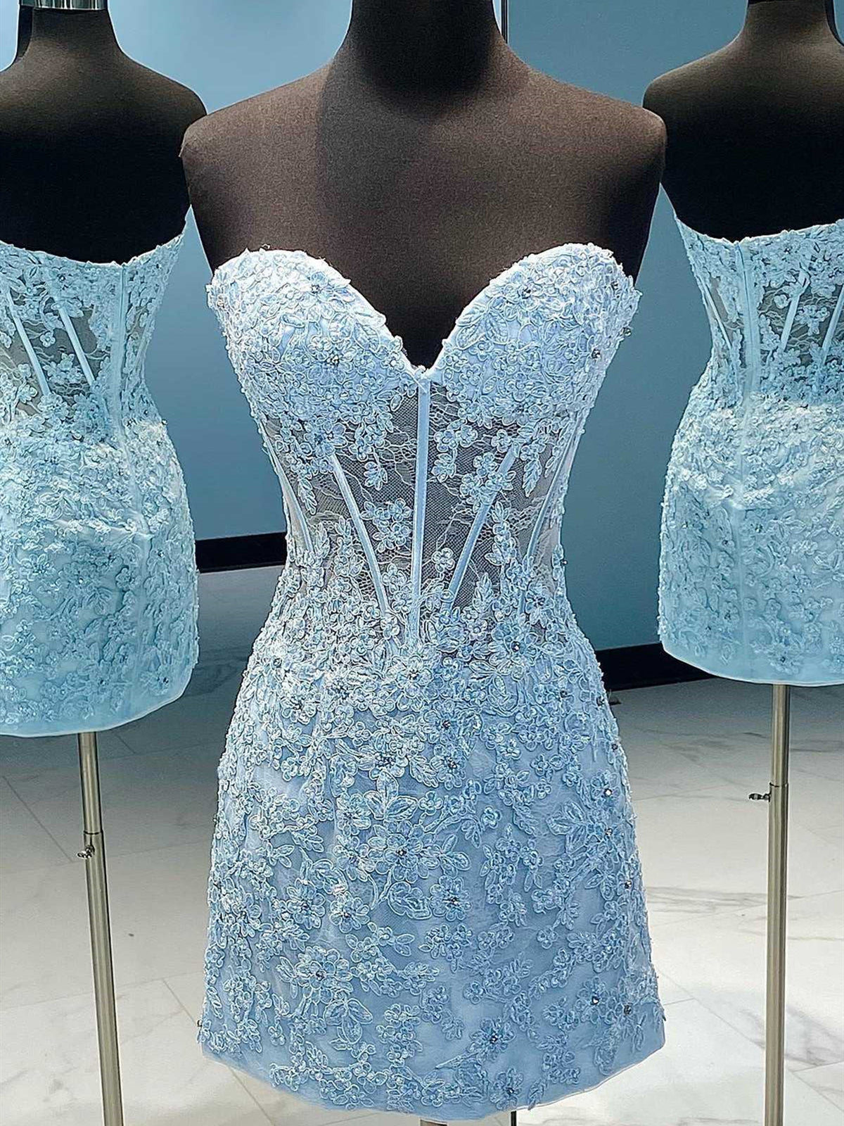 Strapless Short Blue Lace Prom Dresses, Short Blue Lace Formal Homecom - shegown Strapless Short Blue Lace Prom Dresses, Short Blue Lace Formal Homecom - shegown