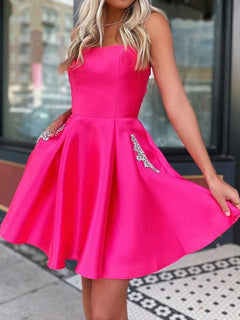Strapless Short Hot Pink Satin Prom Dresses, Short Hot Pink Graduation Homecoming Dresses, US 2 / Custom Color / With Rush+$19.99
