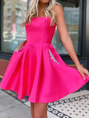 Strapless Short Hot Pink Satin Prom Dresses, Short Hot Pink Graduation Homecoming Dresses