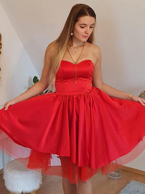 Strapless Short Red Prom Dresses, Strapless Short Red Homecoming Graduation Dresses