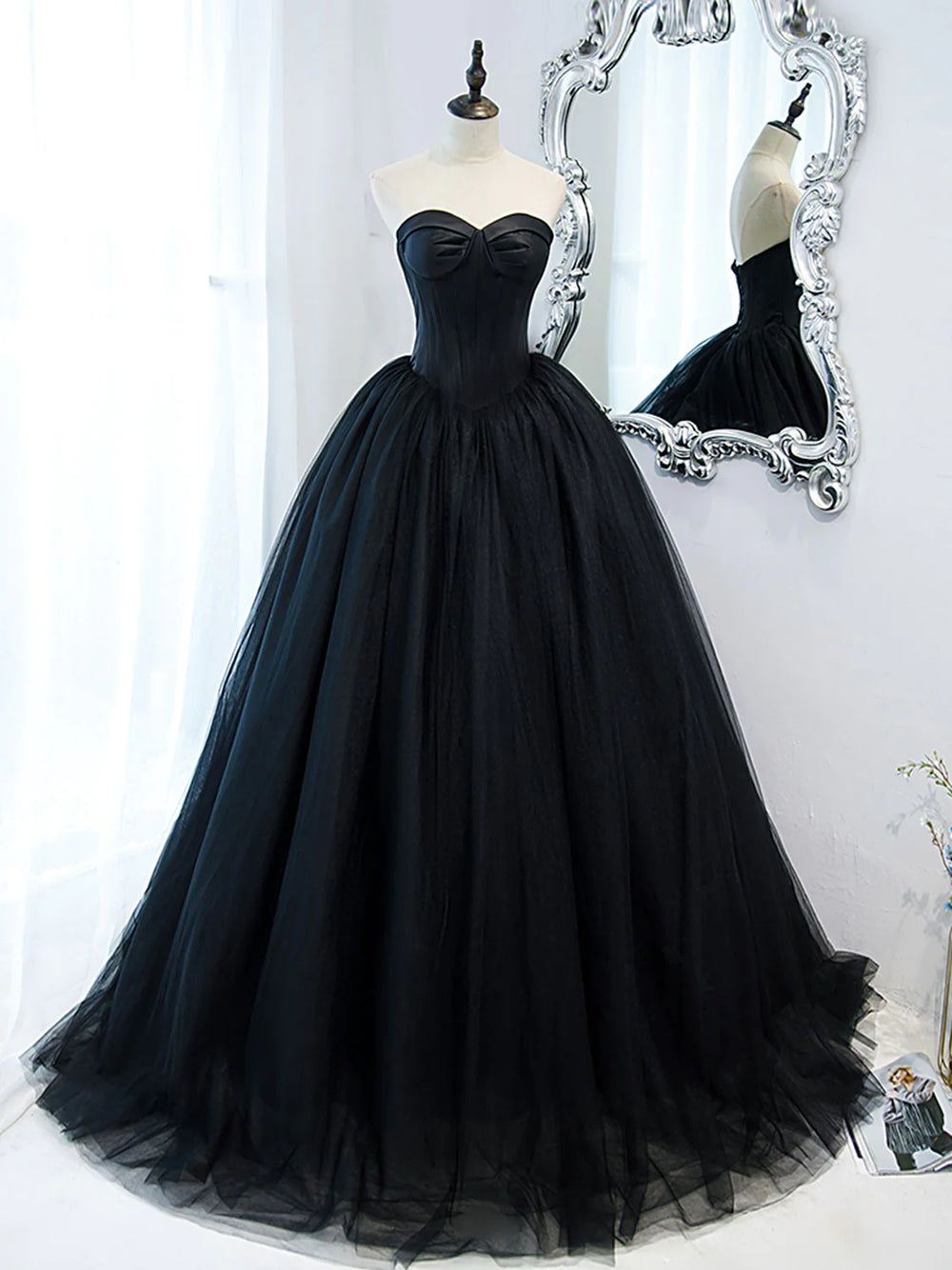 Strapless Sweetheart Neck Black Tulle Prom Dresses, Black Tulle Formal